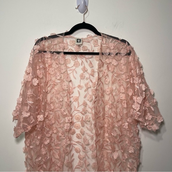 Anne Klein Women’s Blush Pink Floral Mesh sheer oversized Kimono Jacket XXS/XS - Picture 4 of 10